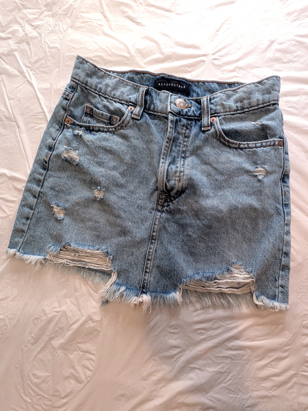 Aeropostale High Rise Blue Distressed Denim Mini Skirt Pockets Size 2 Y2K Grunge